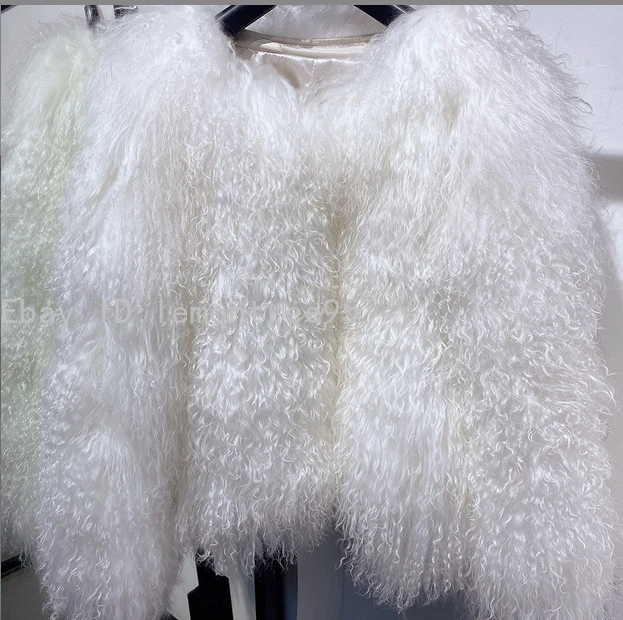 Abrigo de piel de mongol recortado para dama cuello alto invierno cálido chaqueta de piel abrigo Foto 2 de 4