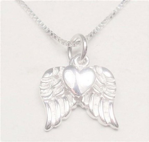 STERLING SILVER ANGEL WINGS WITH FLOATING HEART SOARING HEAVEN PENDANT NECKLACE - Picture 2 of 5