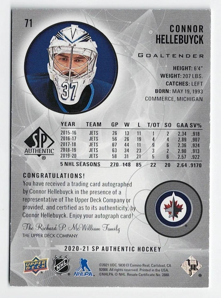 2020-21 SP Authentic Black Limited Autograph #71 Connor Hellebuyck !! - Image 2 of 2