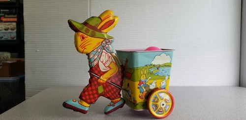 1950s Chein Tin Easter Bunny Pulling Egg Cart Candy Container Very Clean ShelfO5