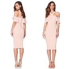 NWT NOOKIE Hermosa Off Shoulder Cocktail Midi Dress Blush Pink Sz L