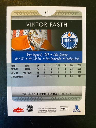 Viktor Fasth 2014-15 Fleer Ultra #71 Edmonton Oilers - Picture 2 of 2