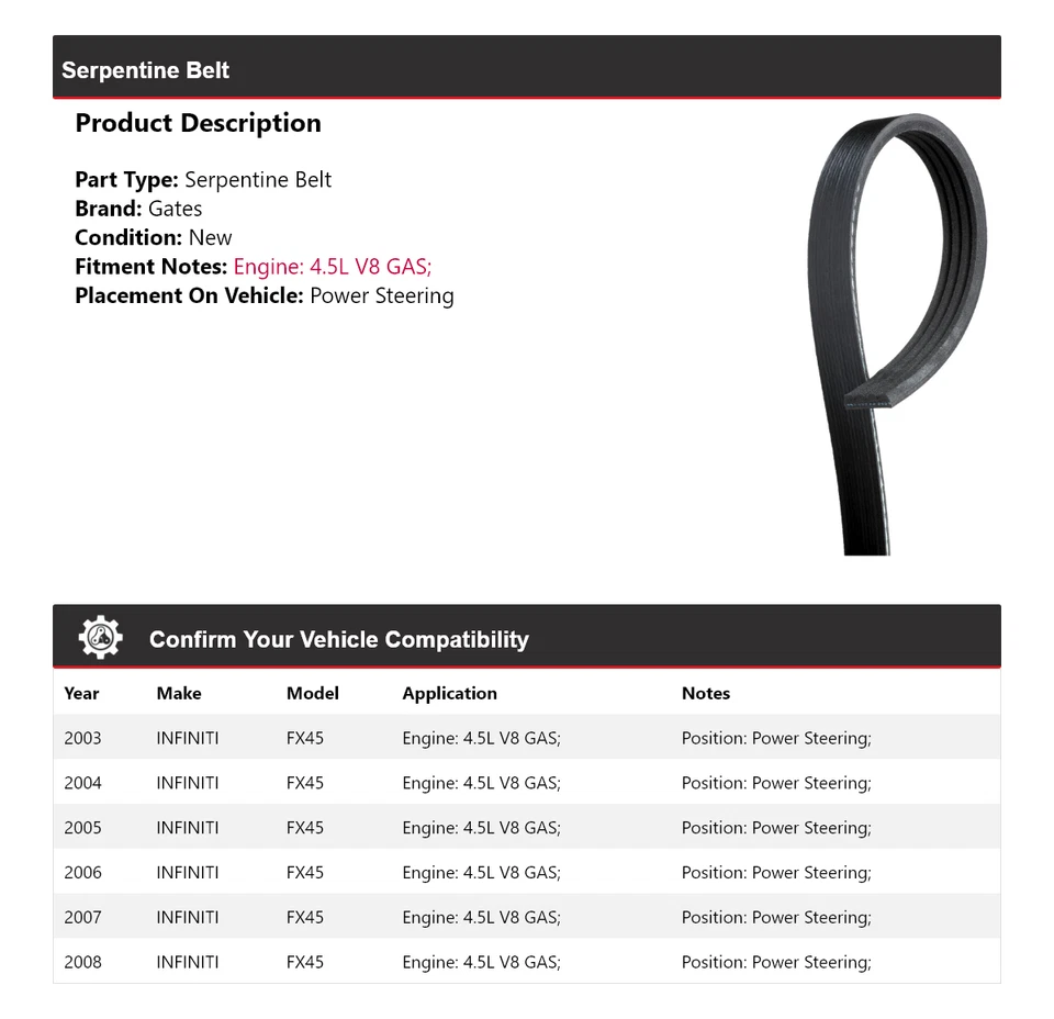 For 2003-2008 INFINITI FX45 4.5L V8 GAS Serpentine Belt For Power Steering Gates - Image 2 of 4