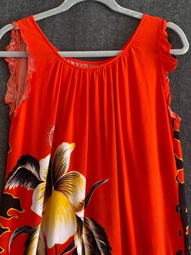 VTG Hawaiian Hibiscus MUMU Dress Long Lounge Cover Up Orange Yellow Women - Picture 4 of 11