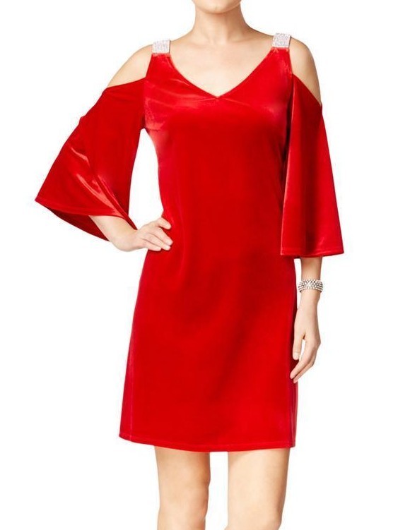 MSK~Red Velvet Rhinestone Cold Shoulder Bell Sleeve Shift Party