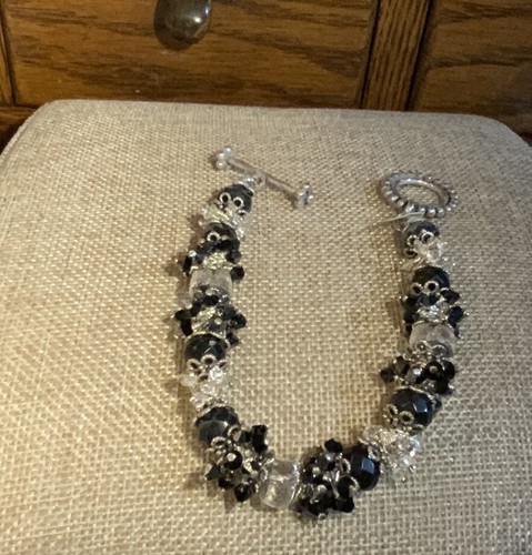 Artisan Beautiful Sterling Swarovski Component Wire Wrap Black/Crystal Bracelet - Picture 3 of 3
