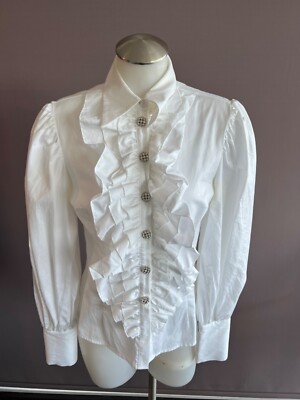 IMPERIAL White Ruffle Rhinestone Button Down Blouse Size S Retail $500