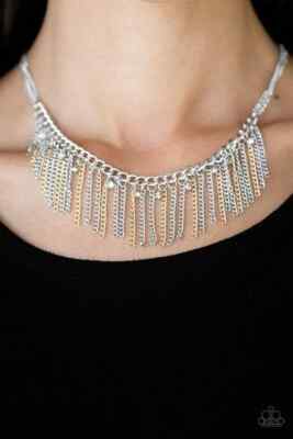 Paparazzi  Necklace - Retro Edge- Silver and Gold- White Rhinestones- Fringe