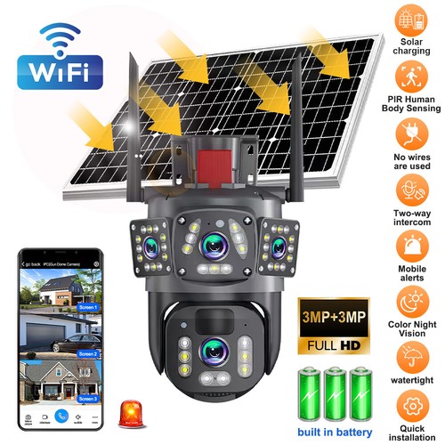 Wireless Security Camera Dual Lens Solar Battery Outdoor CCTV Alarm Night PIR