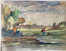 PAESAGGIO ROMA vista da Prati - Fine XIX sec inizio XX acquarello retro disegno