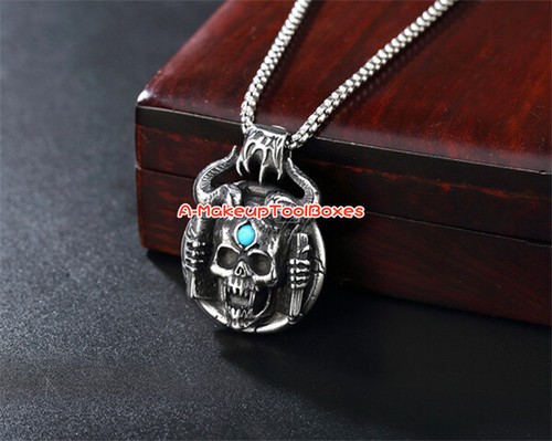 Mens Stainless Steel Gothic Biker Halloween Satanic Devil Skull Pendant J670 - Picture 7 of 8
