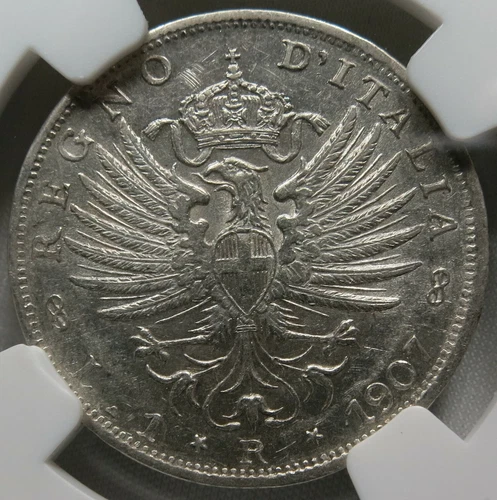 ITALY 1 lira 1907 Rome NGC AU 55 Scarce About UNC Silver Eagle King Vittorio 