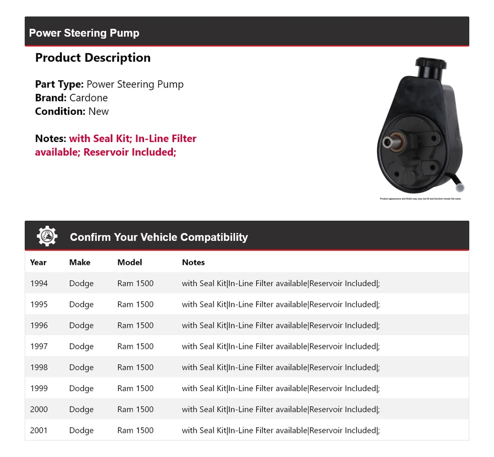 For 1994-2001 Dodge Ram 1500 Power Steering Pump Cardone 1995 1996 1997 1998 - Image 2 of 4