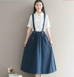 suspender skirt line midi waist linen korean cotton retro