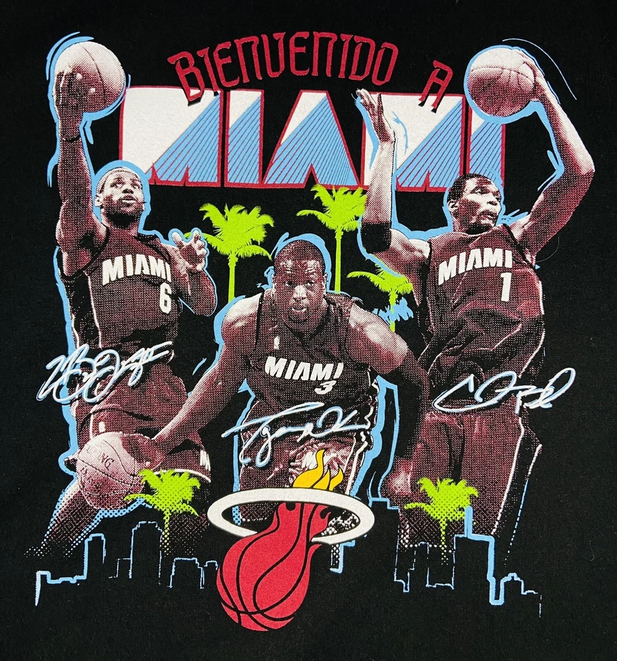 Adidas Miami Heat LeBron James Dwyane Wade Chris Bosh Big 3 Black Shirt; 2XL - Image 2 of 4