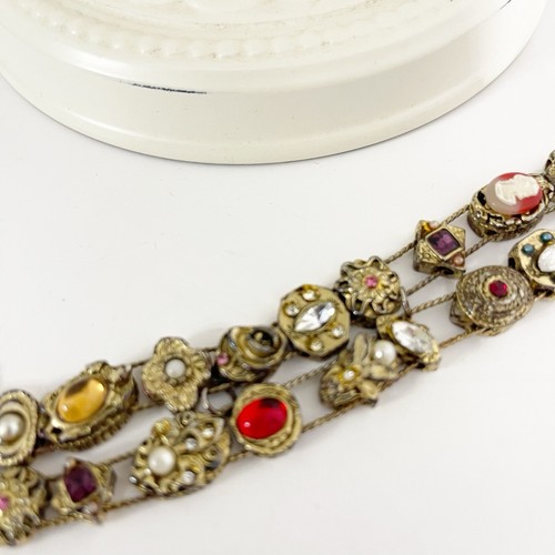 Vintage Victorian Revival Double Slide Charm Bracelet Gold Tone Jeweled Cameo - Picture 3 of 24