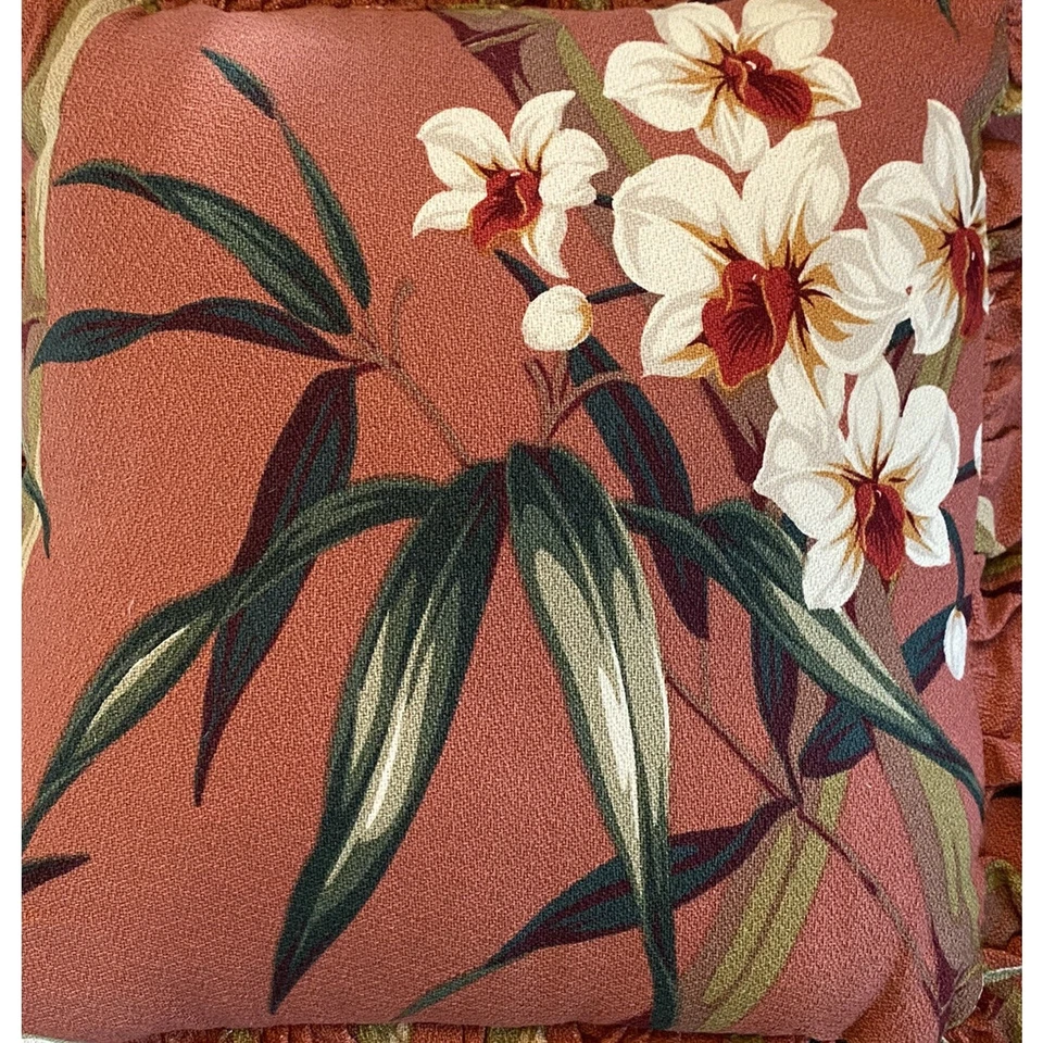 MCM Barkcloth Throw Pillow Decor Tropical White Orchid Design Billowy Fringe - Image 3 of 4