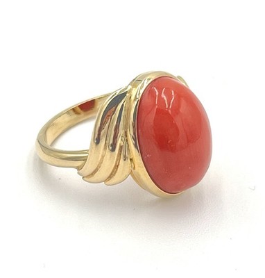 18Kt Gold Mediterranean Red Coral 16mm Cabochon Tower of the Greek Ring M+M