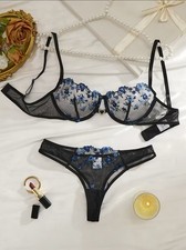 Damen Unterwäsche Set / Schwarz-Blau / Spitze - BH & Slip - Neu - Größe XL
