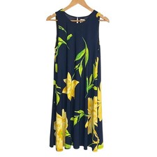 Anne Klein Women's Size 12 A-line Swing Dress Blue Yellow Tropical Sleeveless