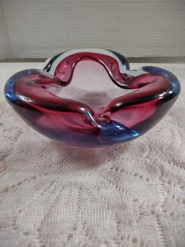 Murano Seguso Cranberry Blue Sommerso MCM Italian Glass Bowl Vintage Hand Blown