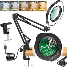10X Magnifying Glass with Light and Clamp, 5 Color Modes Stepped Dimmable 2-In-1