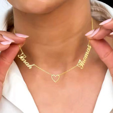 Custom Two Name Hollow Heart Love Pendant Necklace Chain Jewelry Gifts Silver