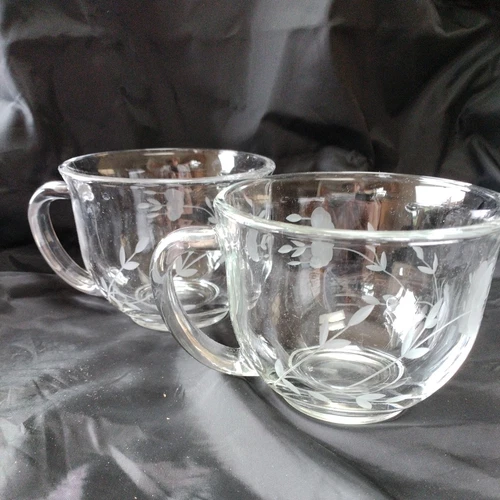 2 Princess House Heritage Cappuccino Mugs Set Clear  Floral Etched 