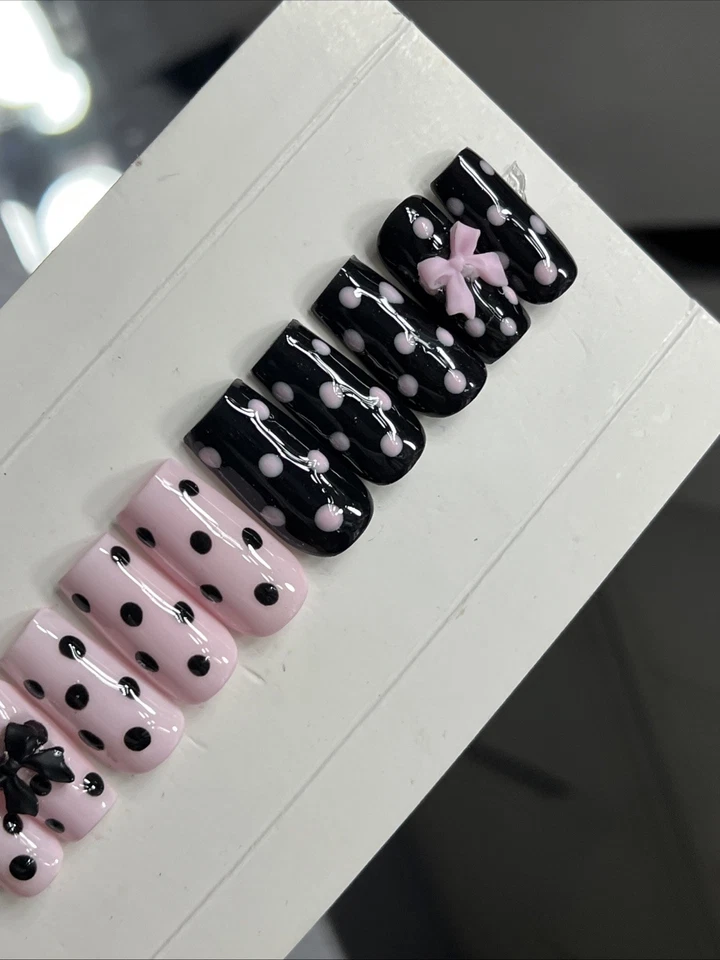 🌸 CUSTOM Press On Nails PINK BLACK POLKA DOTS  BOW 10p SET W Kit - Image 4 of 4