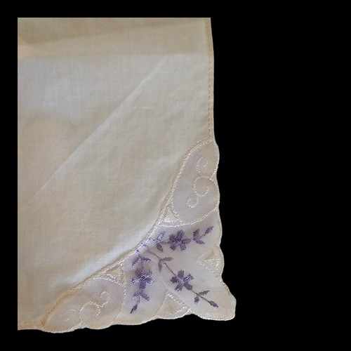 Pañuelo blanco de colección púrpura bordado flores esquina encaje pañuelo regalo - Imagen 3 de 5