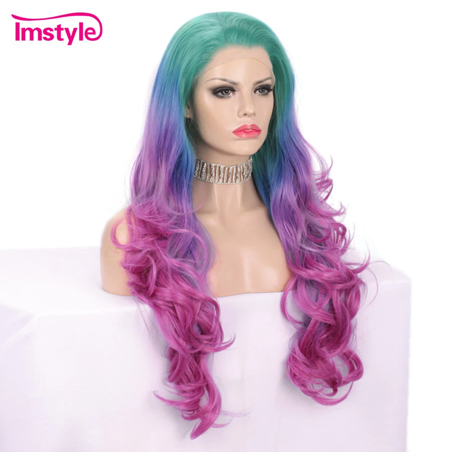 Peluca verde azul rosa púrpura ombre colorida peluca frontal de encaje sintético multicolor Foto 3 de 4