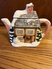 Porcelain Teapot House with Snowman and Christmas Trees Christmas Decor