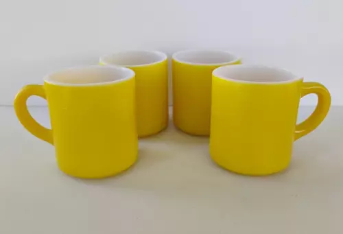 HAZEL ATLAS VINTAGE BRIGHT YELLOW MILK GLASS COFFEE MUGS - SET OF 4