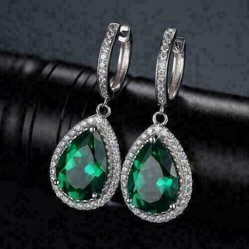 4.50Ct Pear Cut Simulated Emerald Dangle Earrings in 14K White Gold