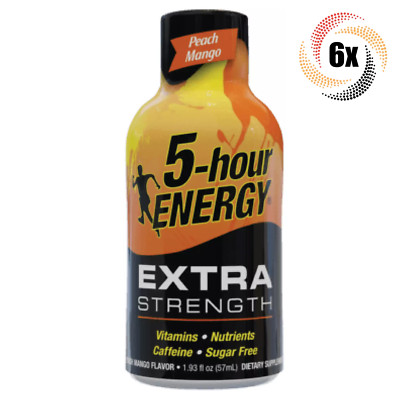 6x Bottles 5 Hour Energy Extra Peach Mango | Sugar Free | 1.93oz | Fixes Tired