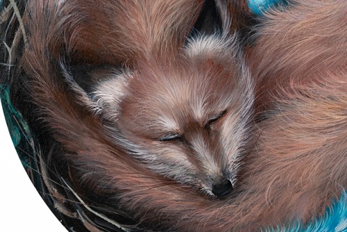 Fox in nest with feather Round portrait "Protecting" fairytale art fantasy - Picture 2 of 8