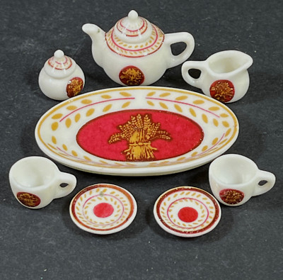 Miniature red gold wheat dollhouse tea set bone china 1:12 white NEW G