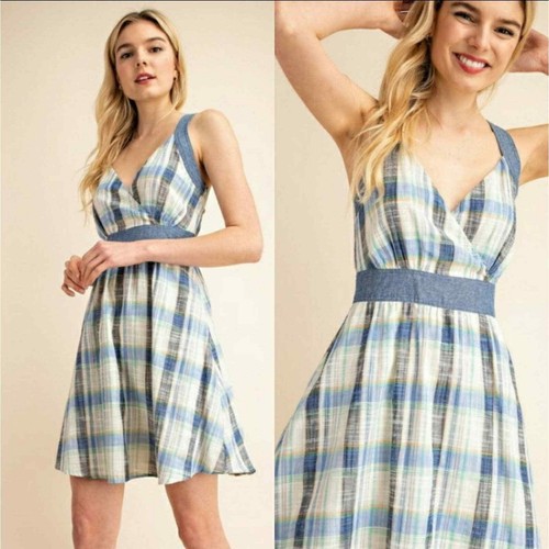 Gilli criss cross flare dress blue plaid large - Picture 2 of 3