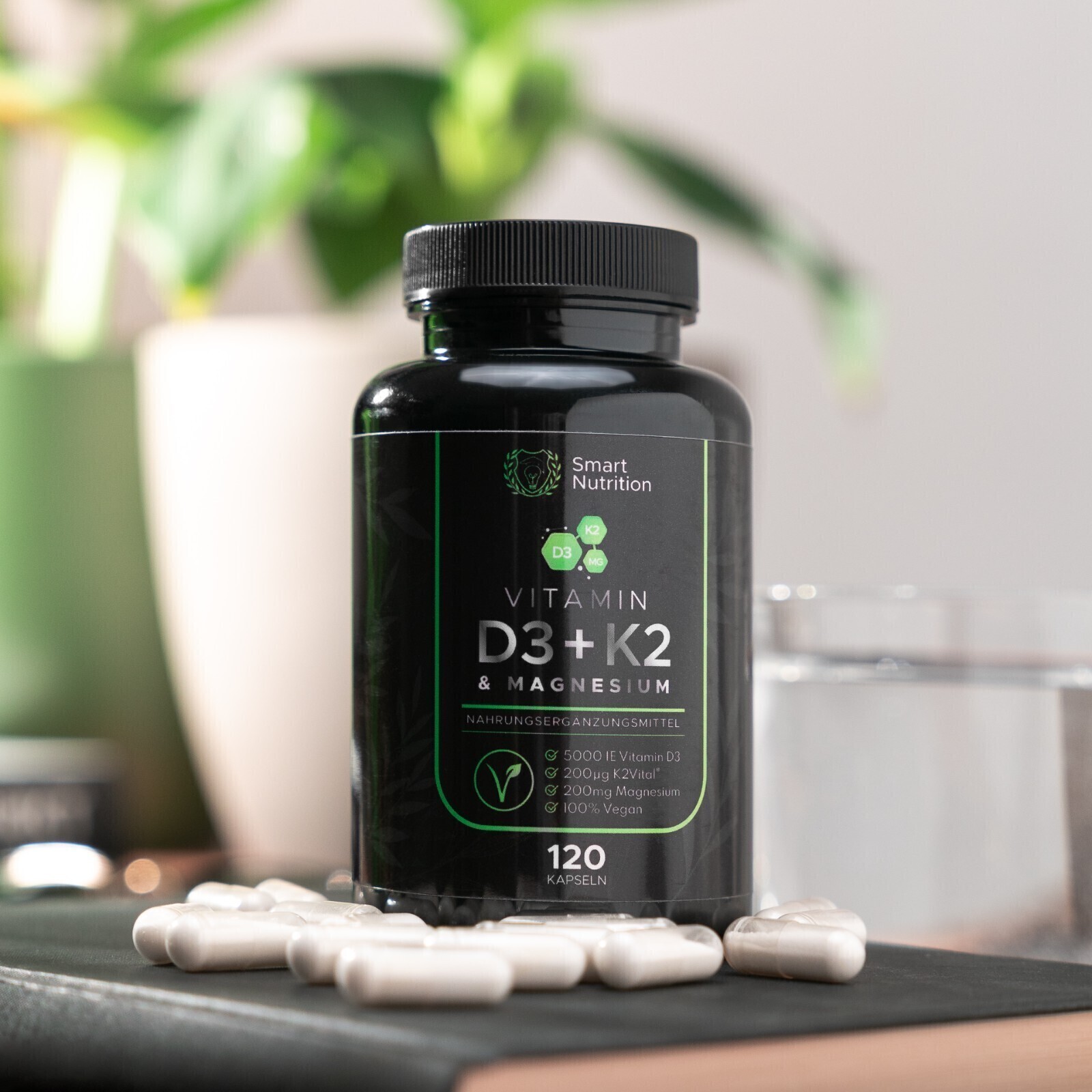 Vitamin D3 K2 Magnesium 5000 IE K2 MK7 Bisglycinat Vegan 120 Kapsel