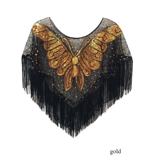 Lady Bling Butterfly Sequin Mesh Shawl Tassel Wrap Cheongsam Cape Evening Party - Picture 3 of 18