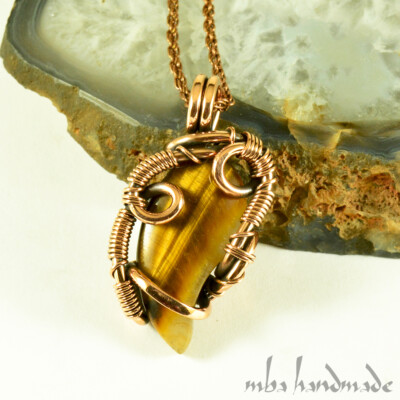 Tiger's Eye Crystal Pure Copper Wire Wrapped Pendant Handmade Jewelry