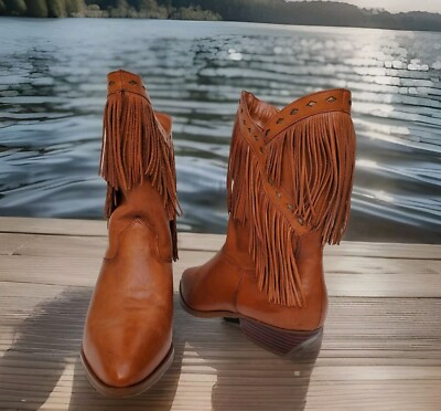 Vtg Y2K Fringe Hippie Boho Western Cowgirl Booties Real Soft Leather 8.5 Tan