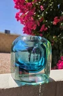 FLAVIO POLI SEGUSO Murano Sommerso Art Glass Cut Facet Cased Vase 4” Blue Green