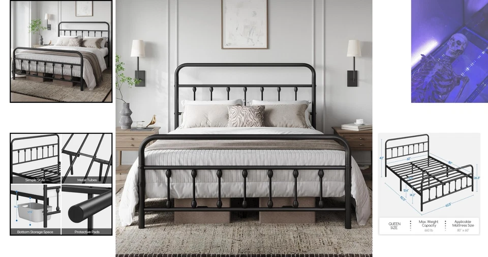 优雅大号金属平台床架带维多利亚床头板,无盒弹簧 — 第 2/4 张图片