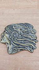 Native American Indian Belt Buckle Headdress Gold Tone Metal Vtg 80s 90s