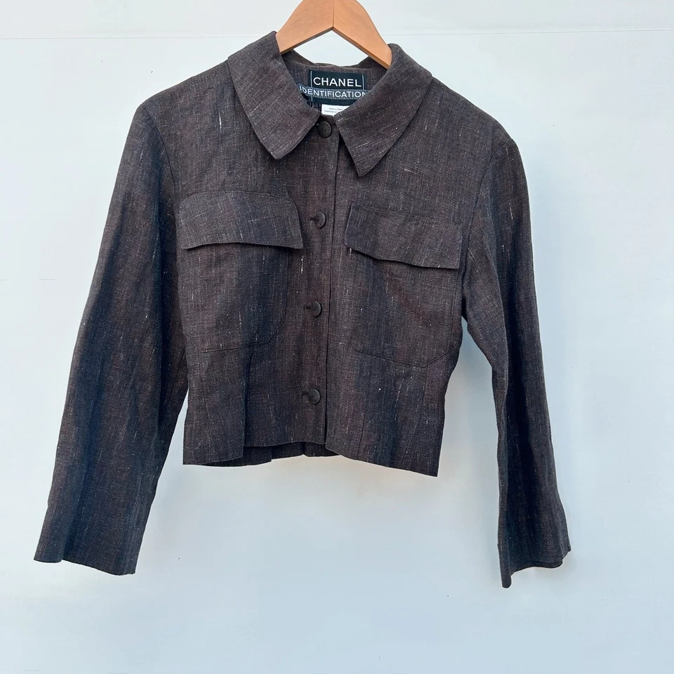 Chanel Auténtico Lino Recortado Cinched Utility Chaqueta Top Marrón Chocolate 36 Y2K Foto 2 de 4