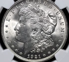 1921 MORGAN DOLLAR NGC MS 63 FLASHY WHITE FROSTED LUSTER, FULL STRIKE, LIGHT