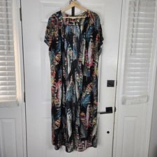 Umgee Duster Kimono Womens Small Black Colorful Feathers Boho Festival Colorful