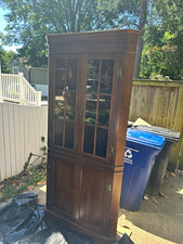Brown Wood Glass-Front Display Cabinet, 4 Door Freestanding, 5 Shelves