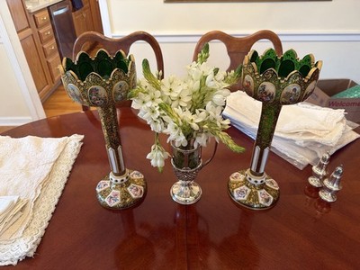 Pair of 2 Moser Green Glass Lustre Candle Holders w/ Hanging Crystals 